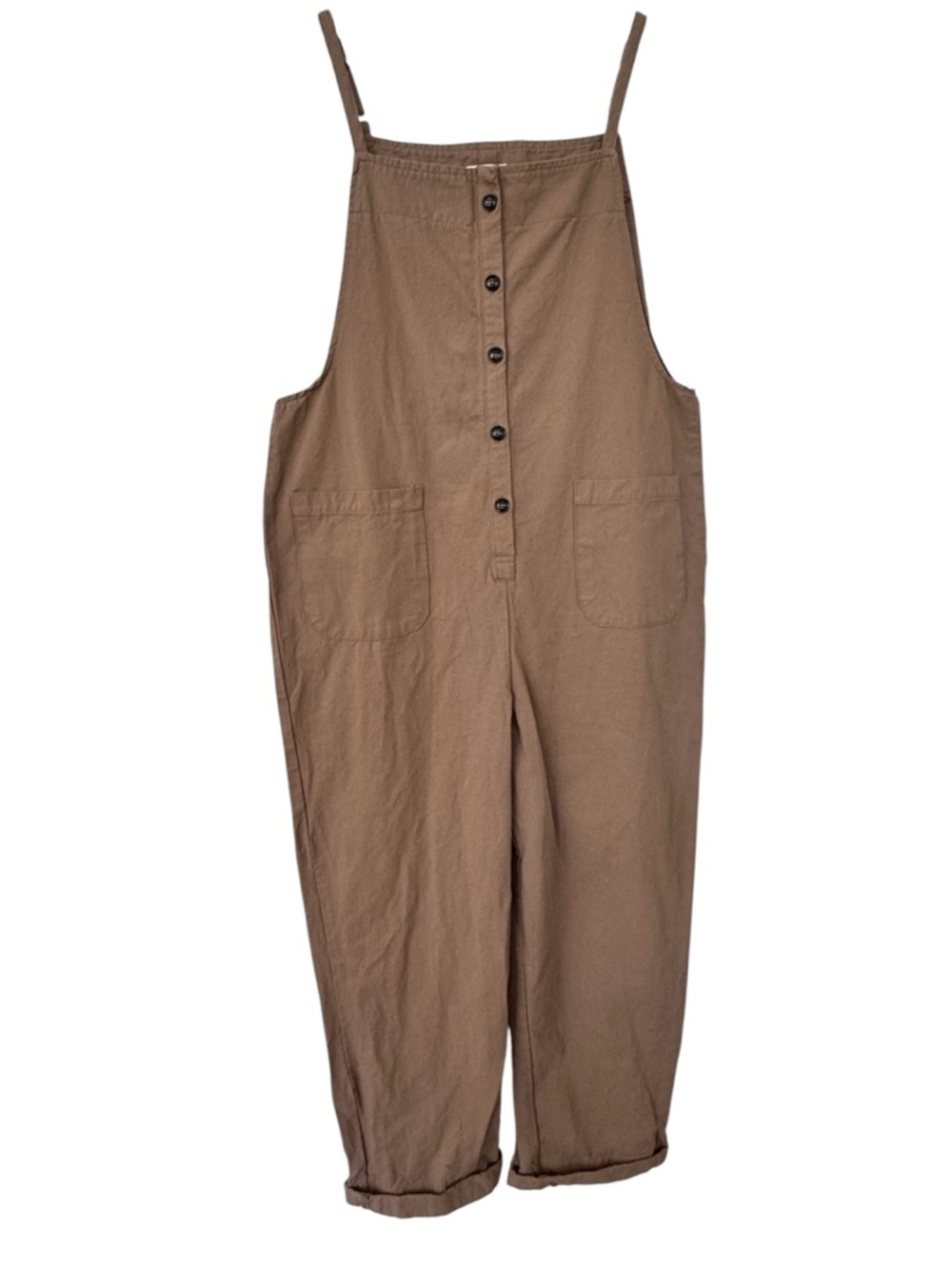 Noflik Relaxed Brown Cotton Utility Jumpsuit Bibs w/ Front Buttons - Size Small